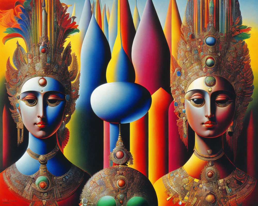 Symmetrical, colorful painting of adorned figures in vibrant palette