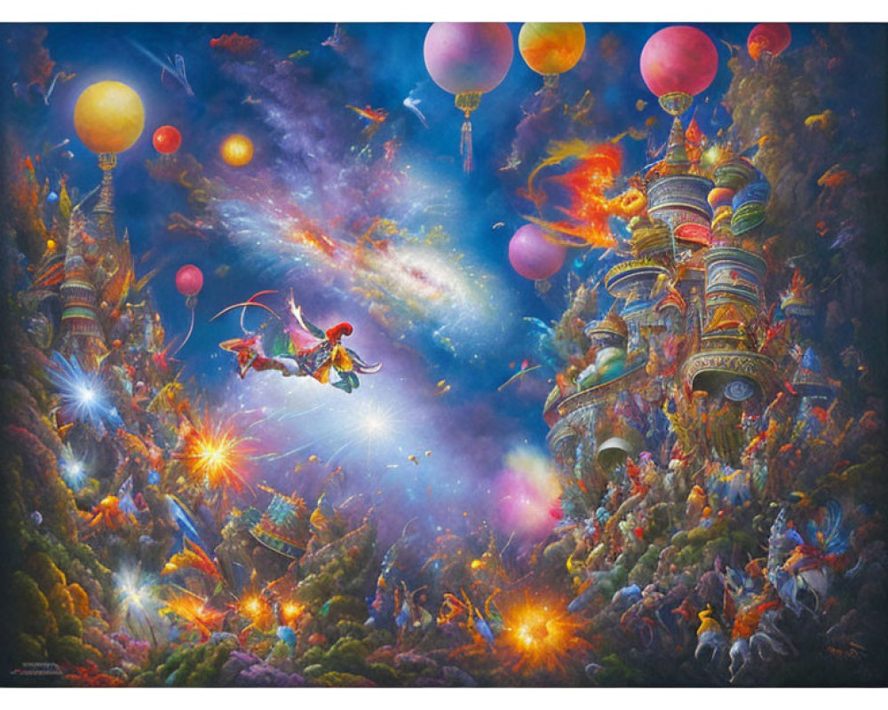 Fantasy painting with floating temples, colorful balloons, mythical creatures, and celestial elements.