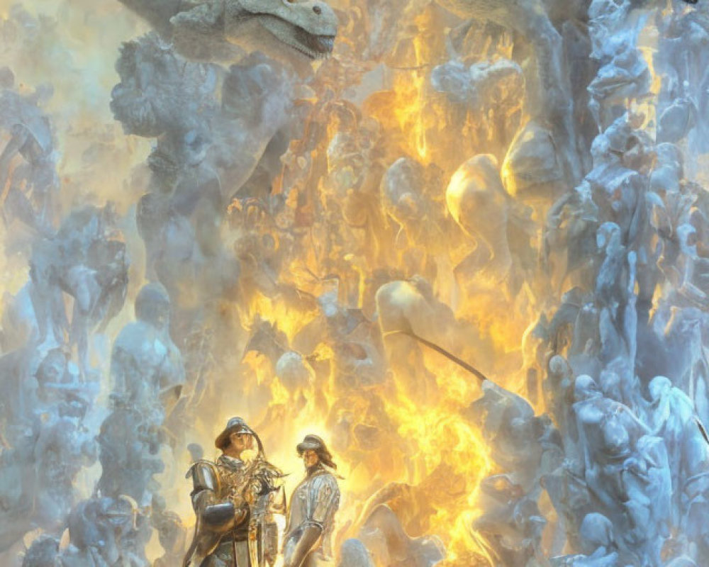 Epic fantasy artwork: Armored knights confront dragons in fiery battlefield