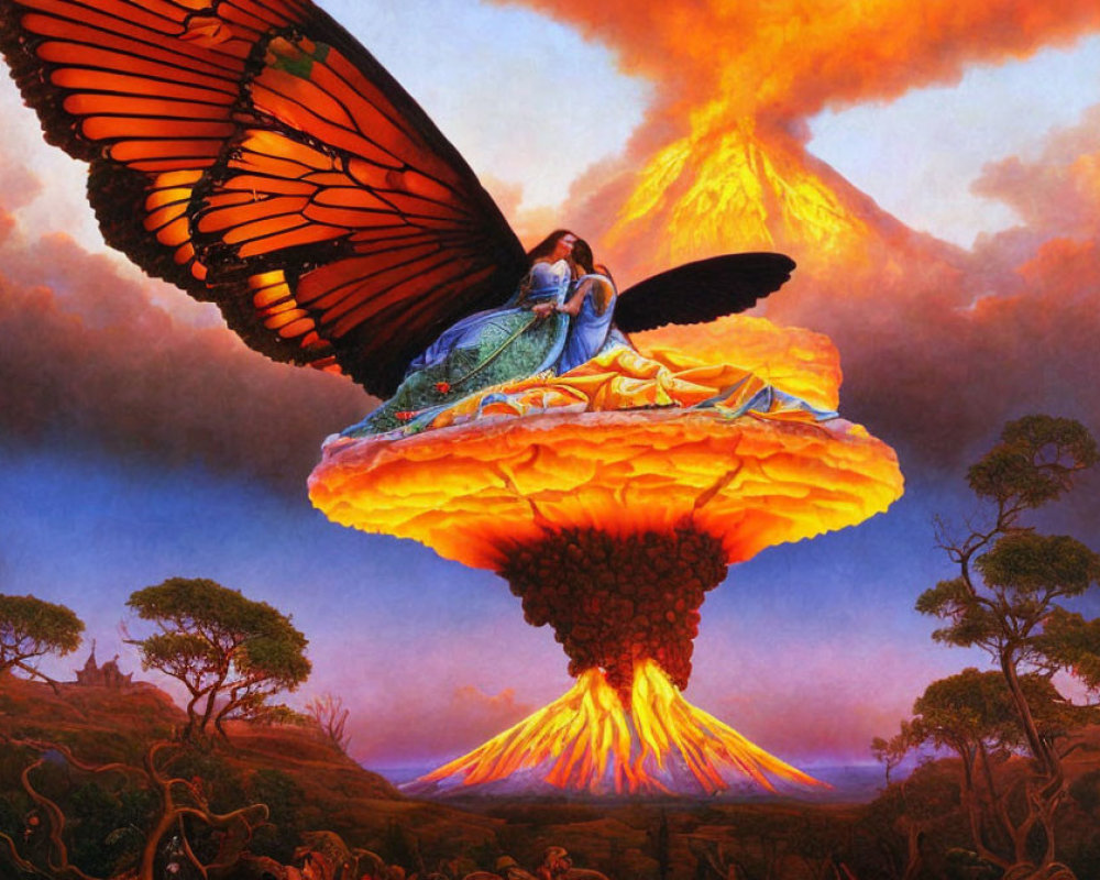 Giant butterfly atop erupting volcano with person in flowing dress in vivid landscape