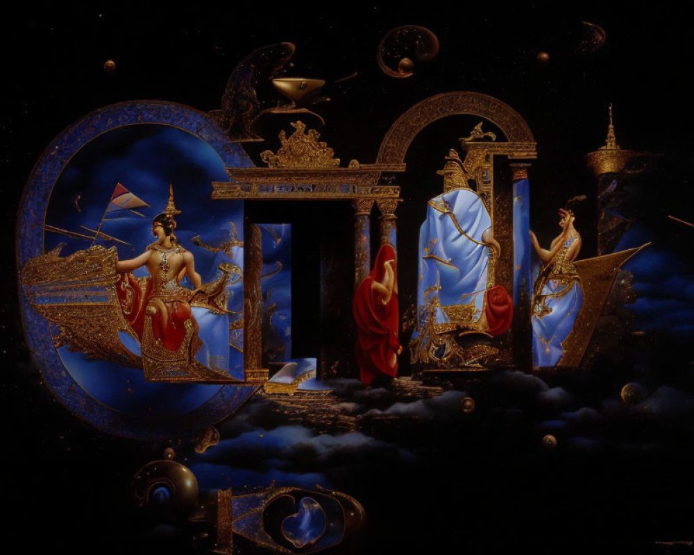 Surreal cosmic artwork: mythological figures, chariot, celestial structures, floating symbols, star