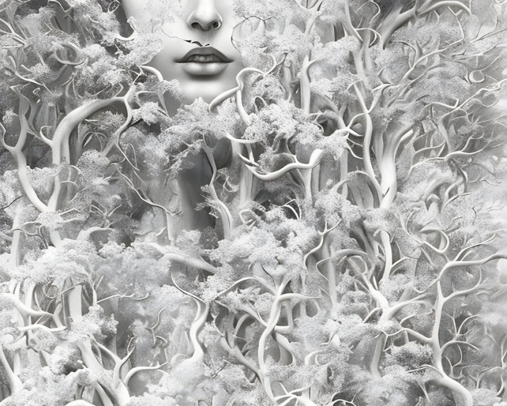 Monochromatic surreal portrait in a dense white forest