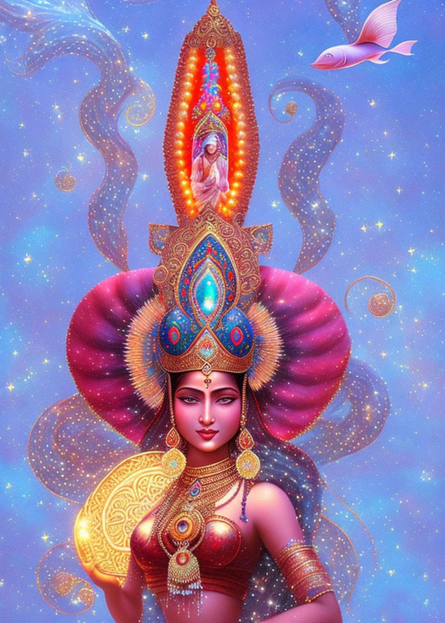 Colorful female figure with ornate headdress and celestial elements