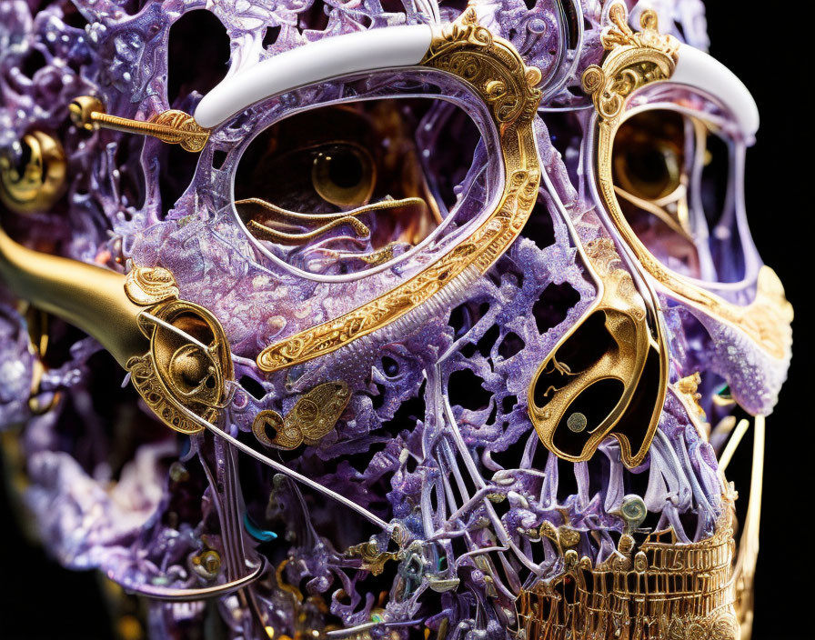 Detailed Ornate Mask with Metallic-Gold Filigree and Purple Coral-like Textures