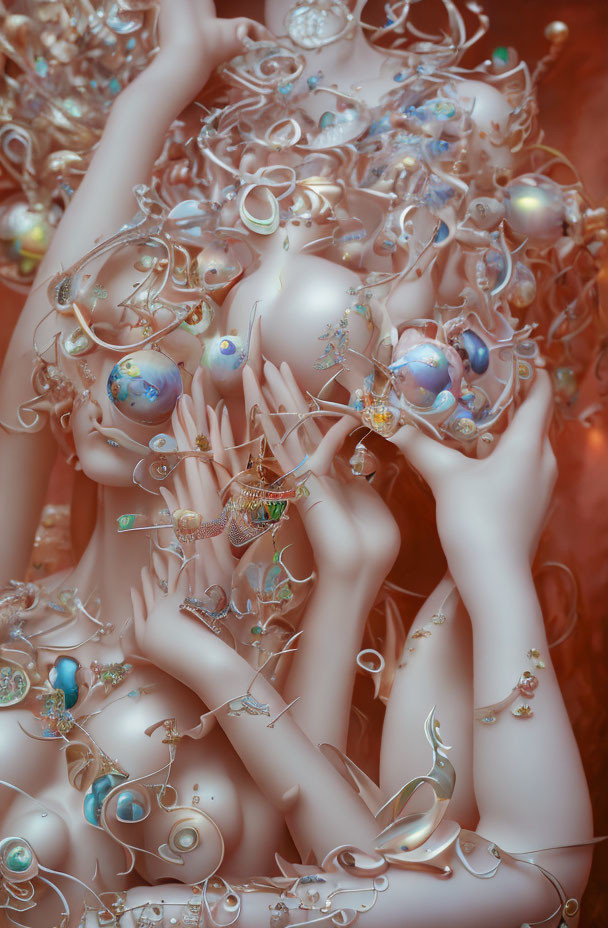 Surreal artwork: intertwined pale humanoid figures with gold and jewel accents
