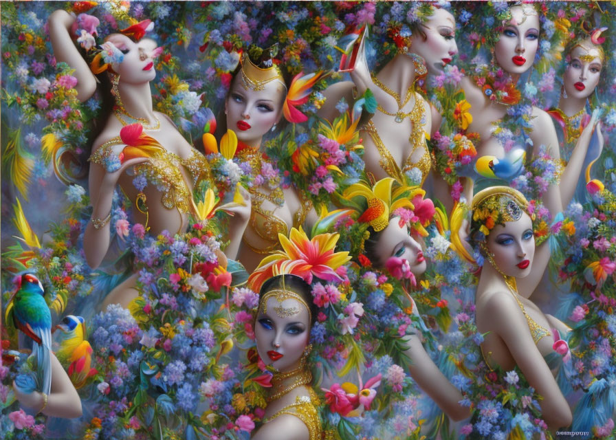 Colorful Stylized Women with Golden Accessories Among Flowers and Birds