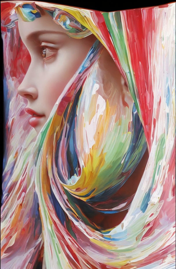 Colorful painting of a woman in profile with flowing scarf and abstract patterns