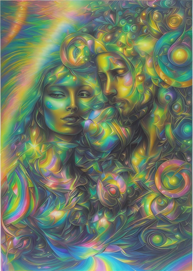 Vibrant psychedelic artwork with two faces and swirling patterns