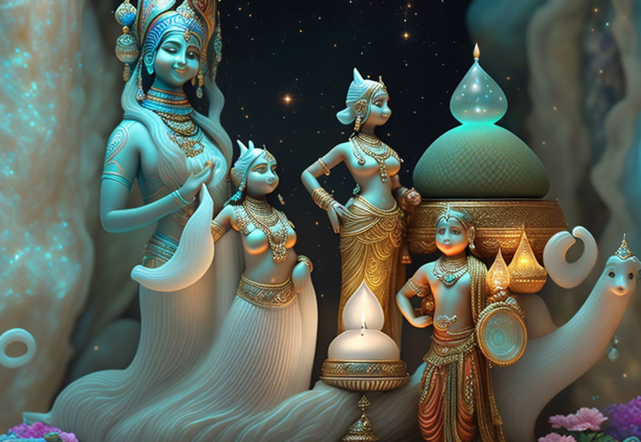 Blue and Gold Hindu Deities in Underwater Scene with Ethereal Lighting