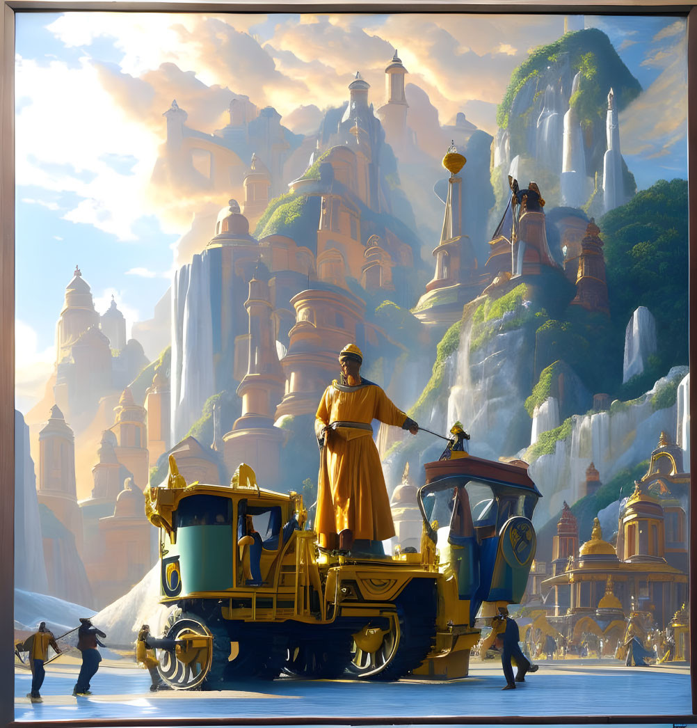 Golden ornate train arrives at fantastical city with spires, waterfalls, and luminous sky