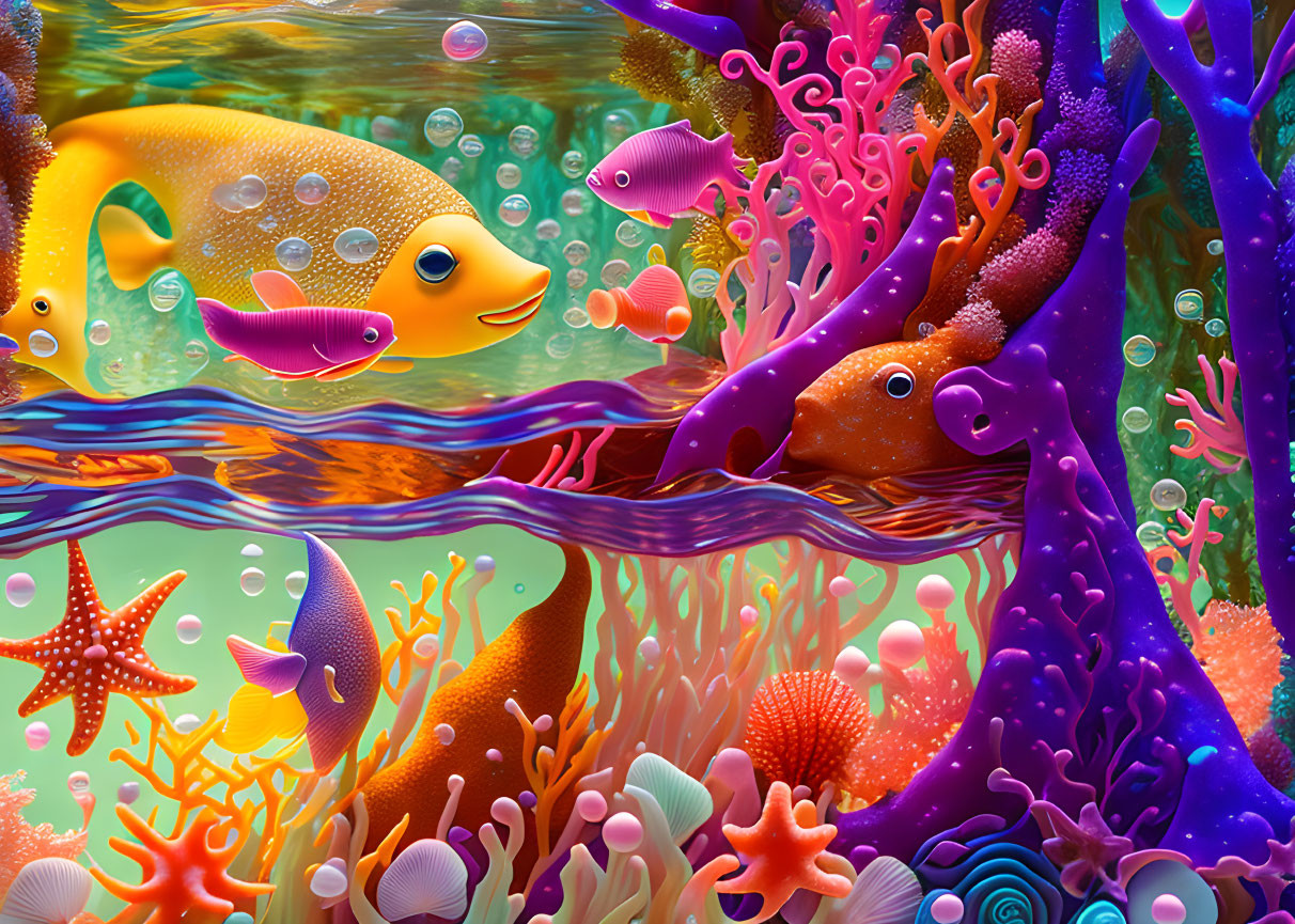 Colorful fish, coral formations, starfish, and bubbles in vibrant underwater scene