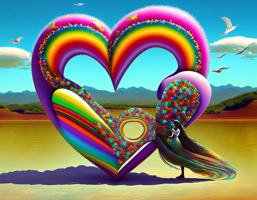 Colorful Heart-Shaped Structure with Peacock Figure and Landscape Background