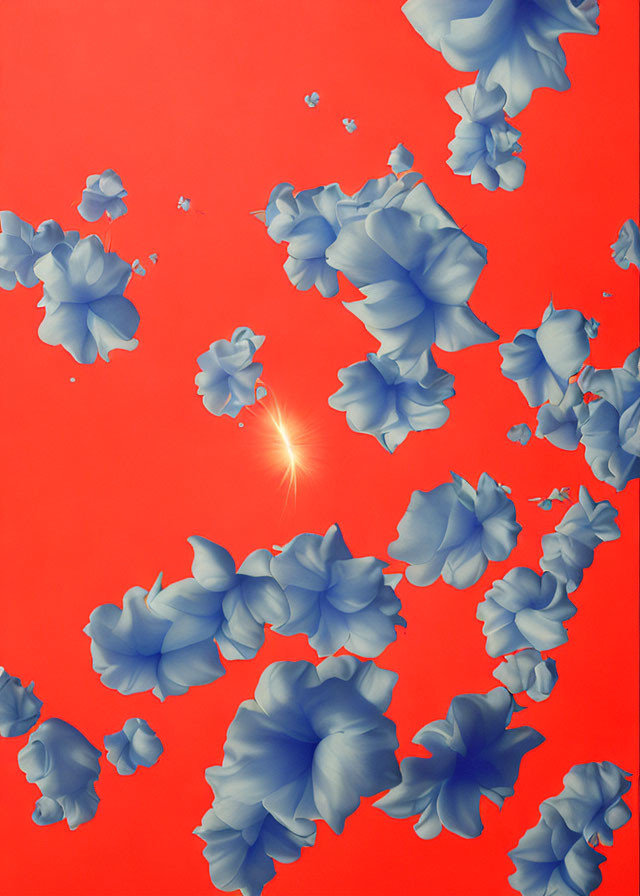 Vibrant red background with floating blue petals and subtle sparkle