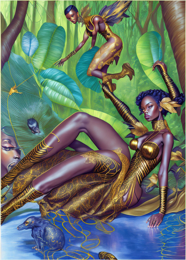 Fantastical artwork of two dark-skinned women in golden armor near jungle leaves and water creature
