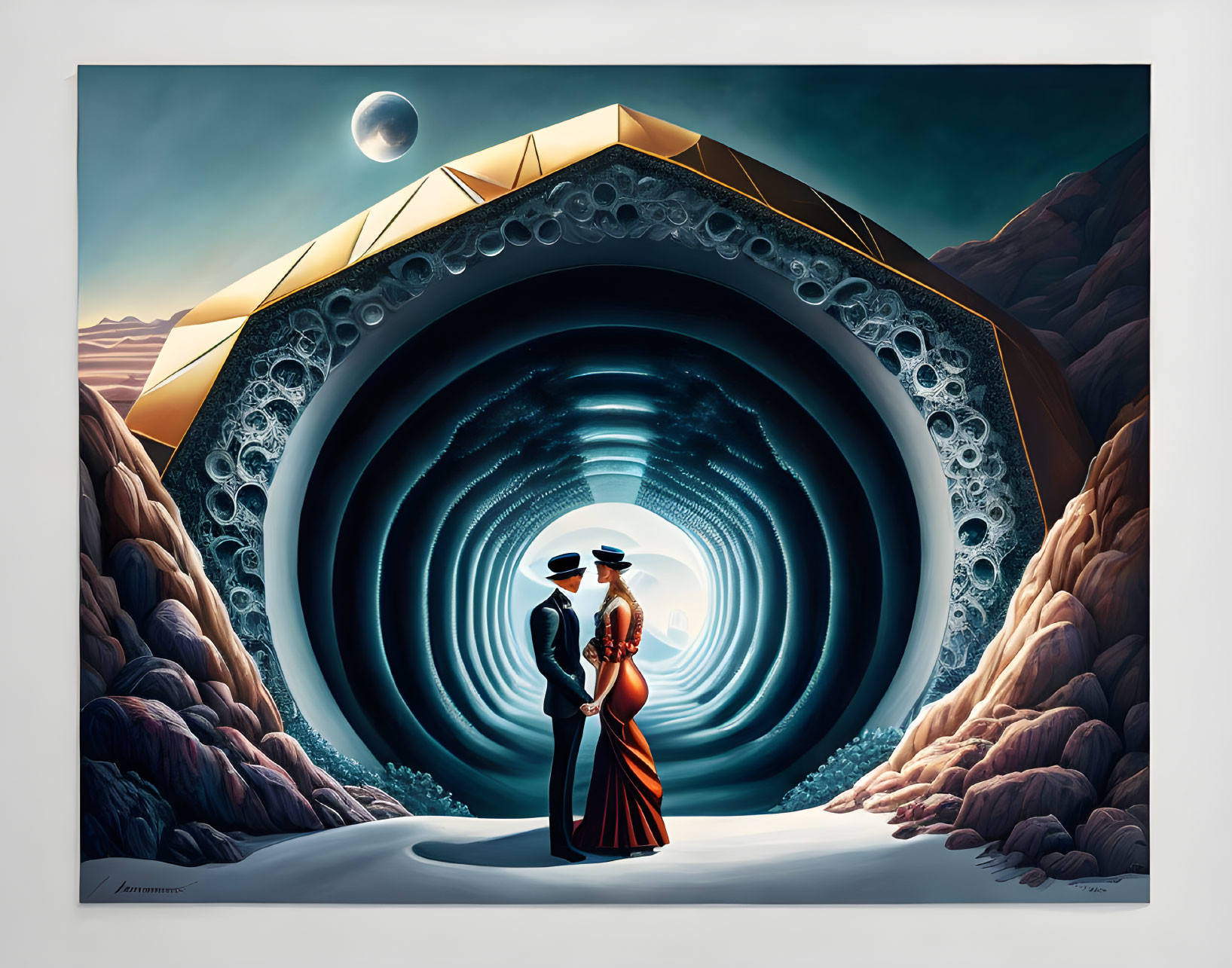 Couple standing under futuristic archway in surreal moonlit landscape