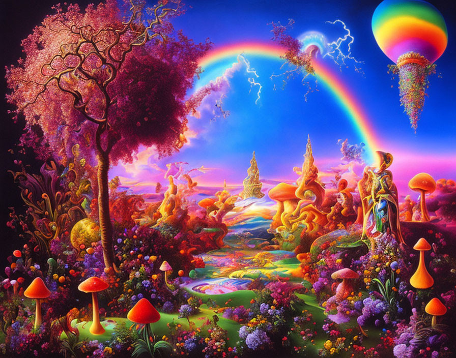 Colorful Fantasy Landscape with Rainbow, Flora, and Whimsical Elements