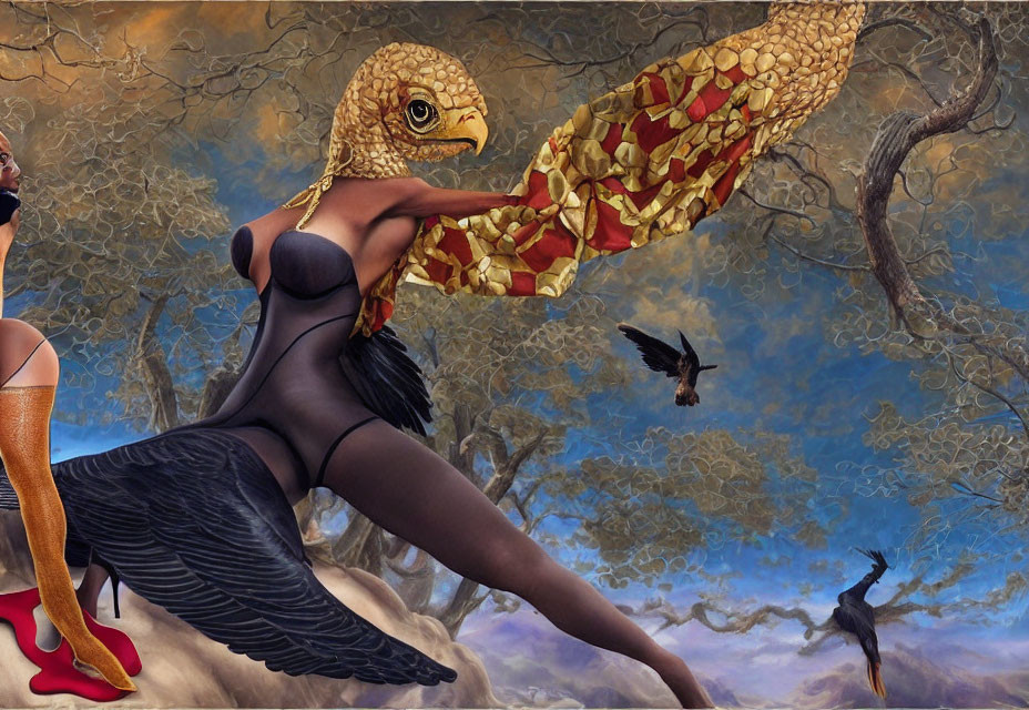 Surreal artwork of woman with bird-like features in fantastical landscape