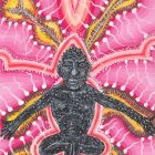 Blue-skinned deity in lotus position with four arms, adorned with gold, against pink sky