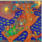 Colorful cherubs in orange tree with floating islands and golden serpent
