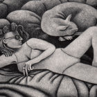 Monochrome Mythological Artwork: Elegant reclining woman and figure in swirling fish-patterned scene.