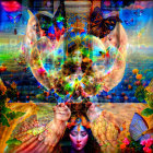 Fantasy-themed digital art: Woman with butterfly wings among colorful flowers
