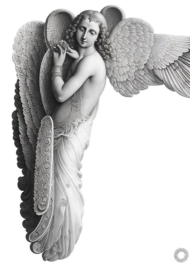 Monochrome image of angelic figure with intricate wings and garland.