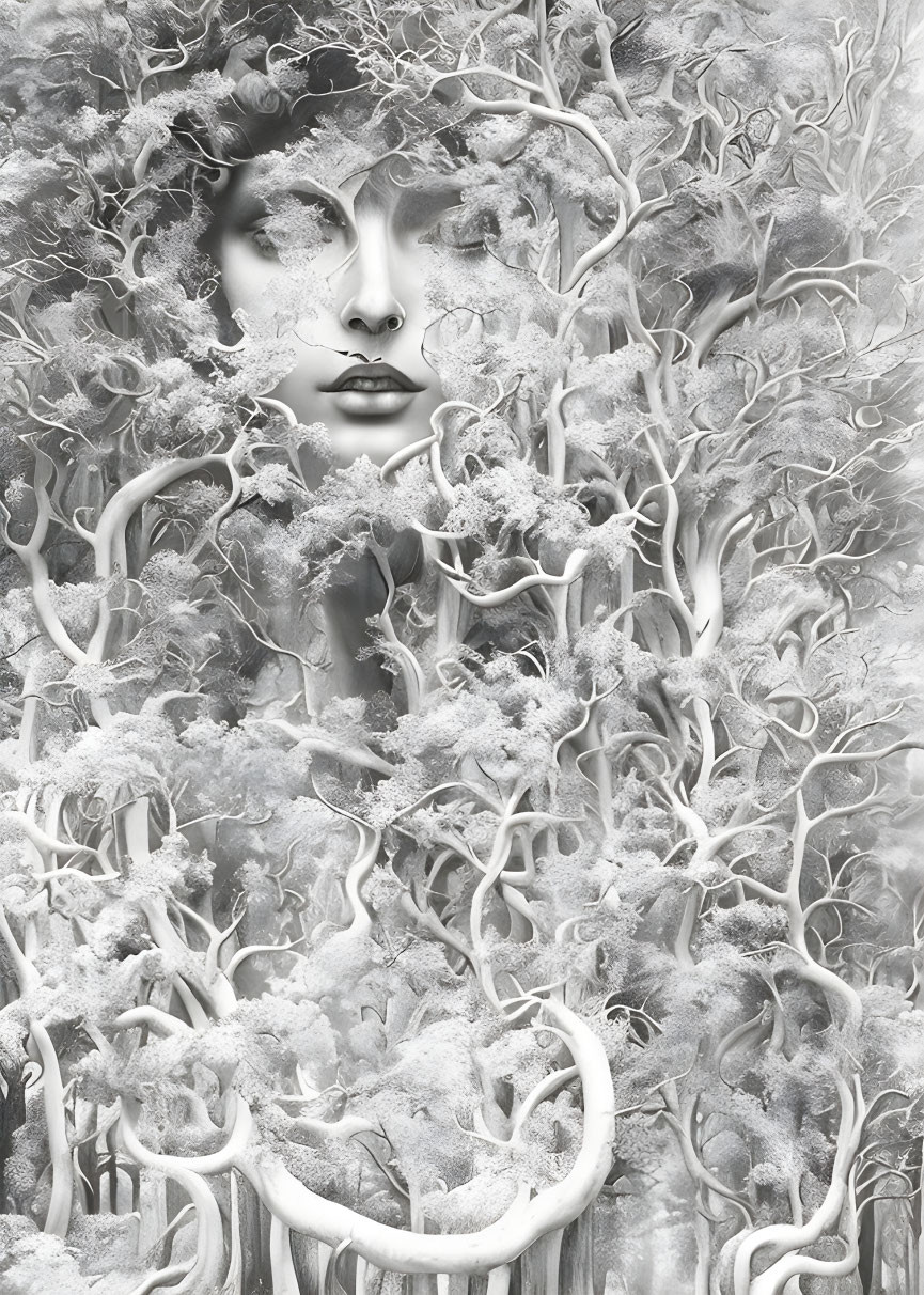 Monochromatic surreal portrait in a dense white forest
