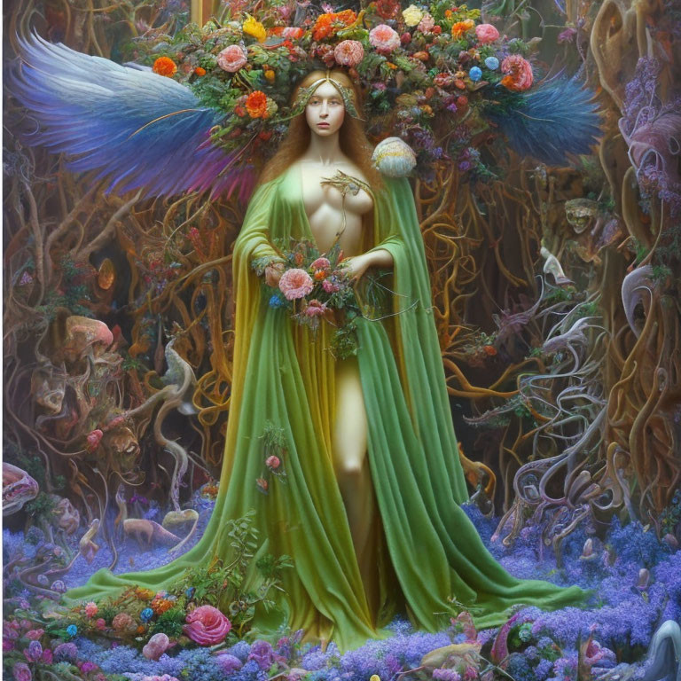 Winged woman in green robe surrounded by vibrant nature scene