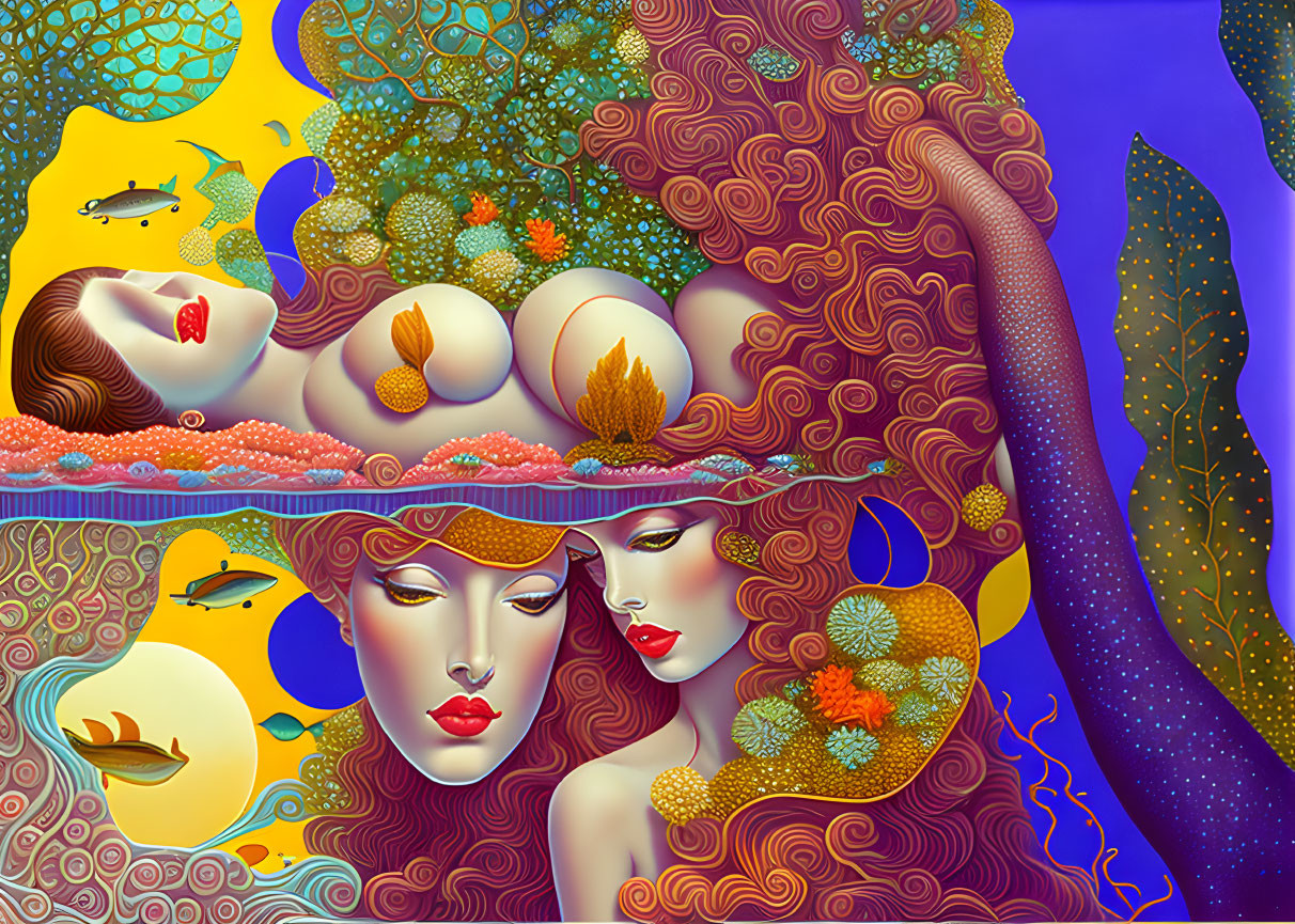 Colorful surreal artwork: multiple female faces, vivid patterns, aquatic elements, and floating fish in dream