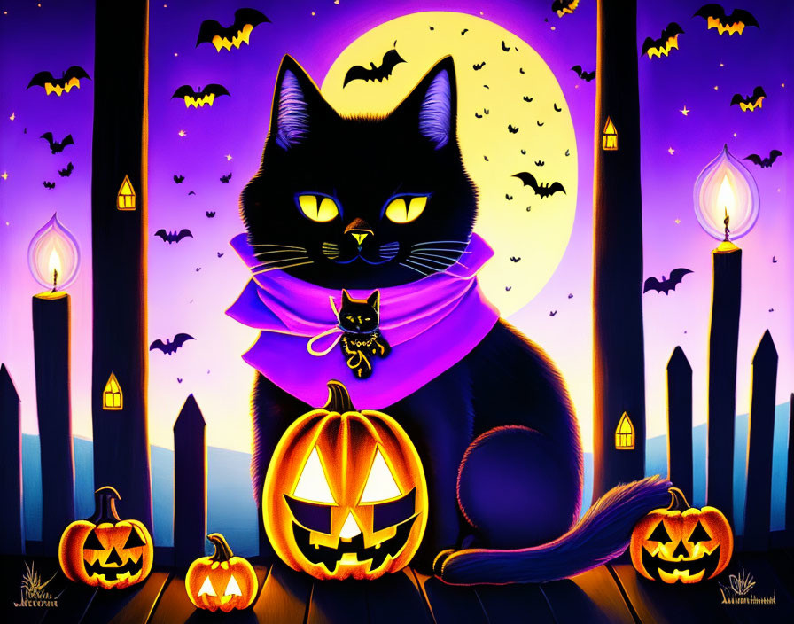 A spooky and cute illustration of a black cat with