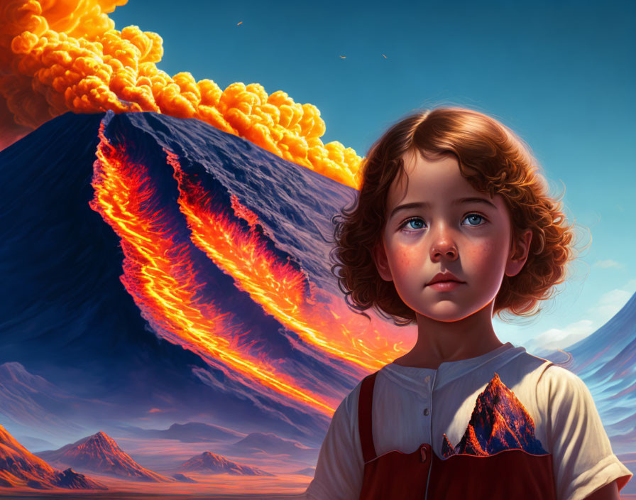 erupting volcano with girl
