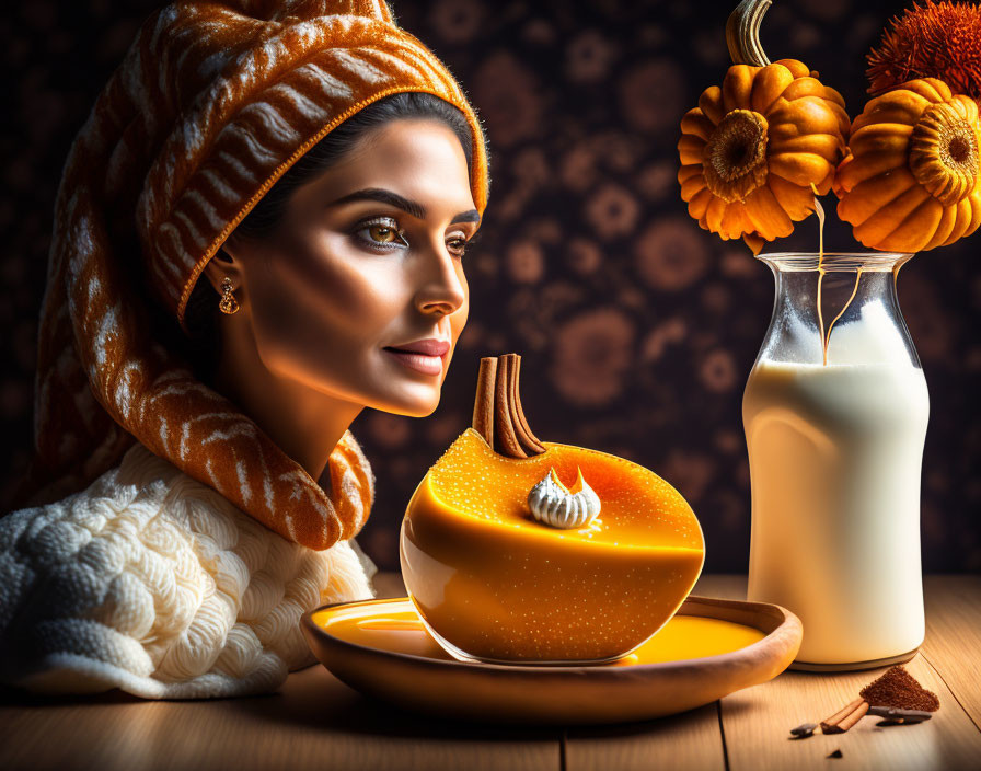 Woman with pumpkin milk with whipped cream and cin
