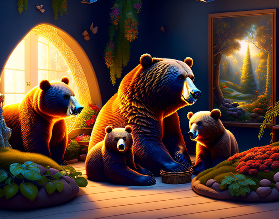 A family of bears preparing for hibernation in the