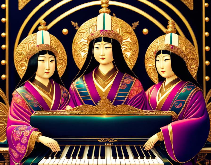 4 women with long hair singing around the piano, 2
