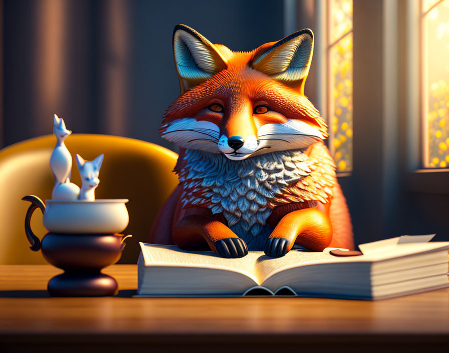 anthropomorphic fox sitting at a table reading a b