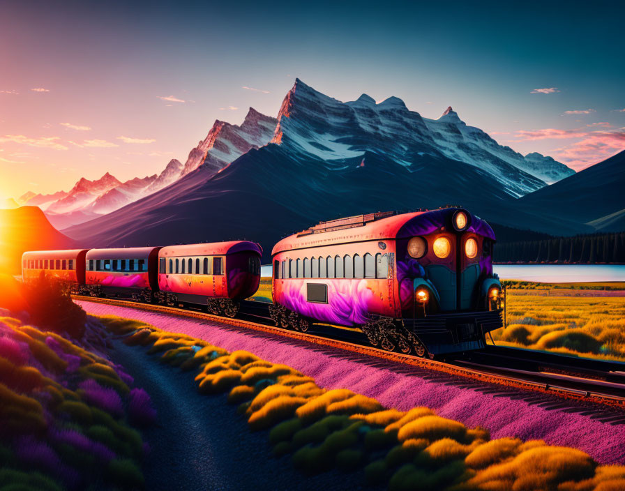 train riding into the sunset, lake and mountains, 