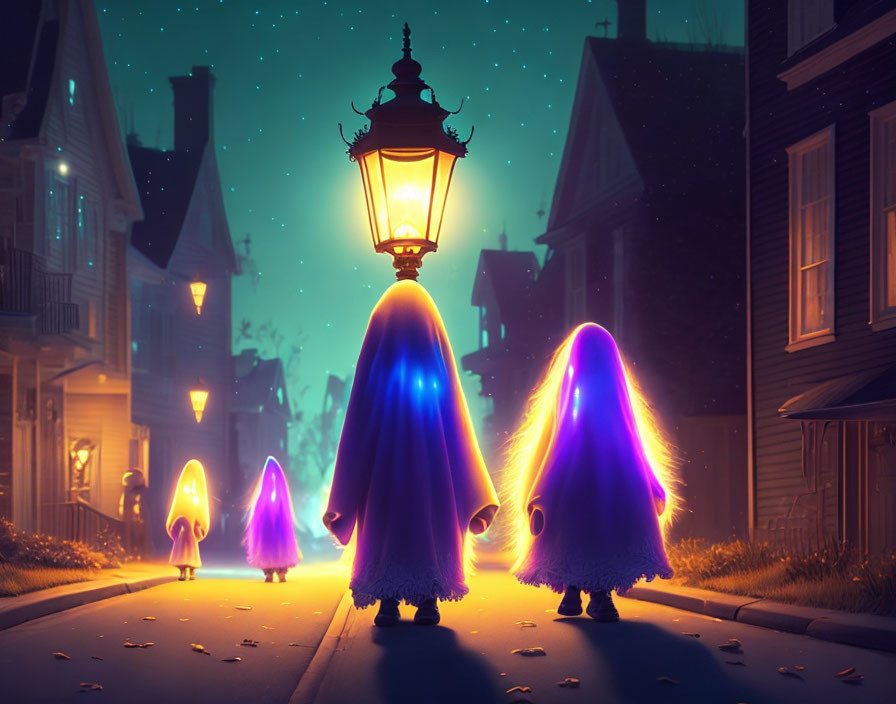 cute ghosts walking down the street, halloween nig