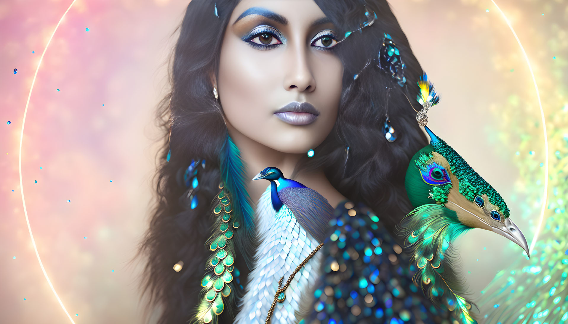 Woman with Peacock-Inspired Makeup and Feathers Next to Vibrant Peacock on Celestial