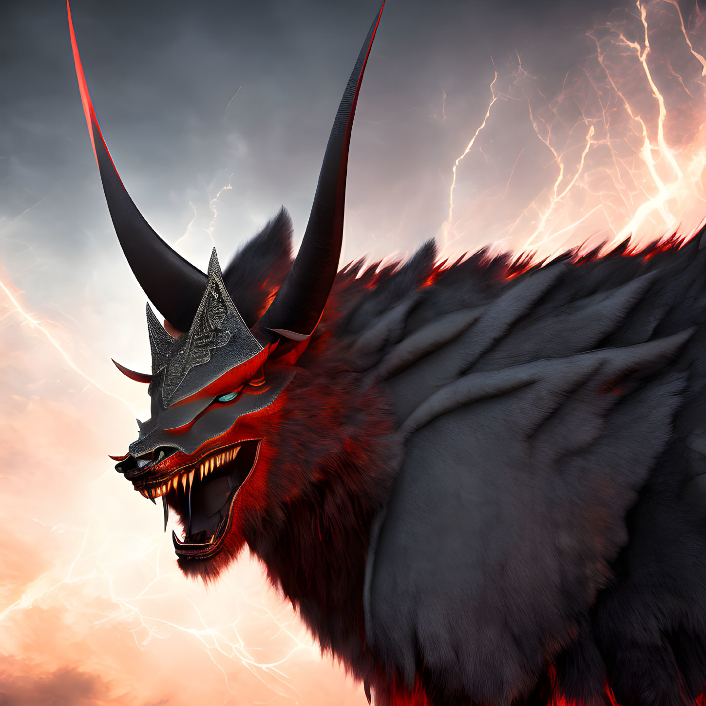 Stylized red-eyed dragon with sharp horns in dramatic sky