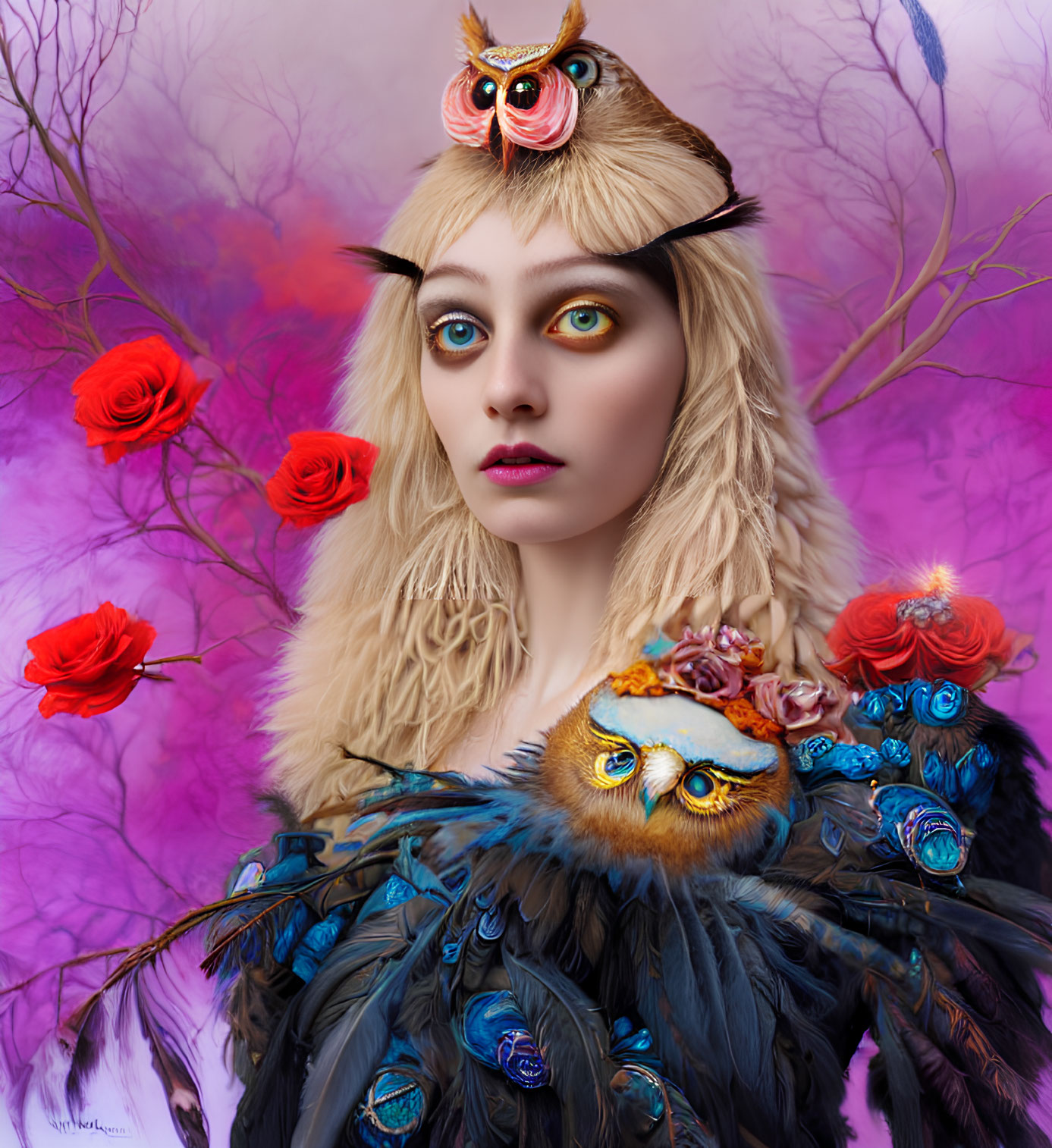 Surreal portrait: woman with owls, red roses, purple backdrop