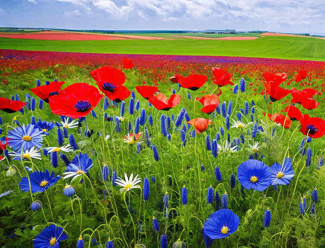 Field of poppies, cornflowers and daisies