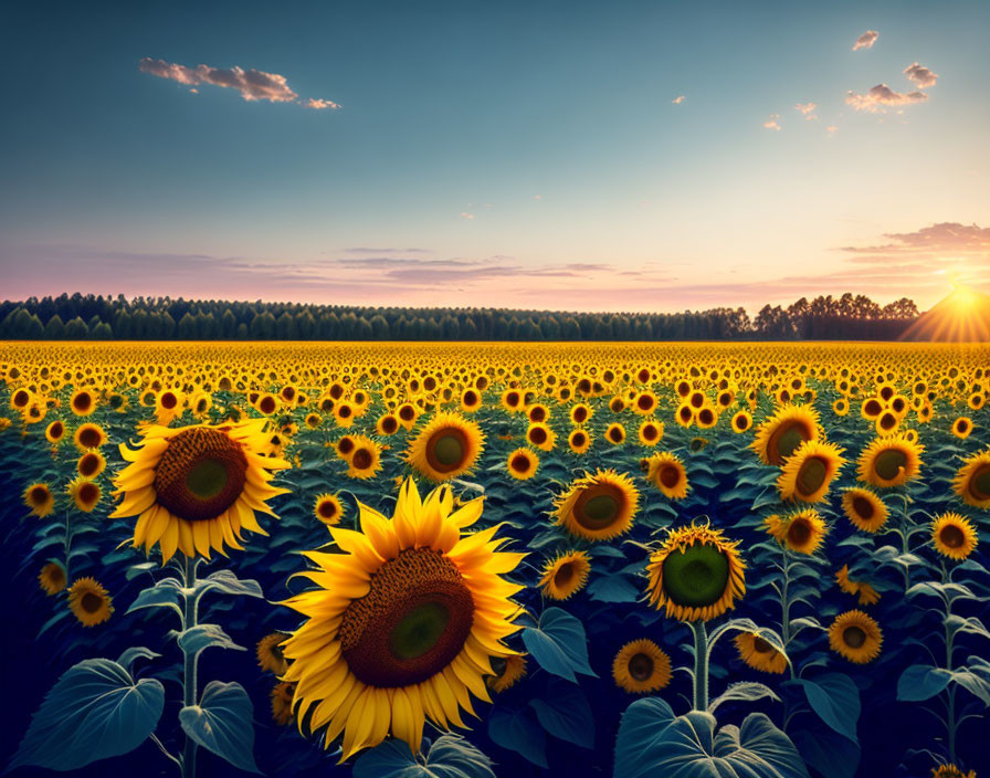 Land of sunflowers at sunset