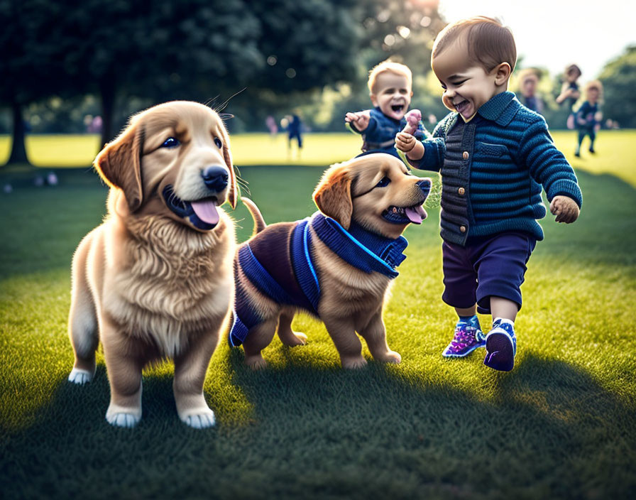 A group of children playing with puppies in a park