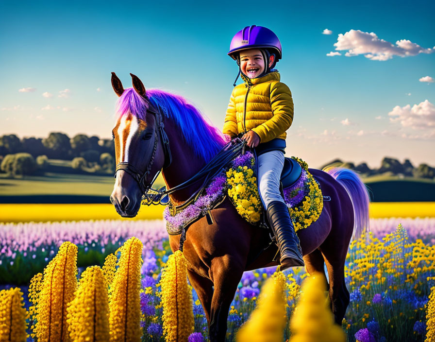 A child riding a horse through a field of flowers
