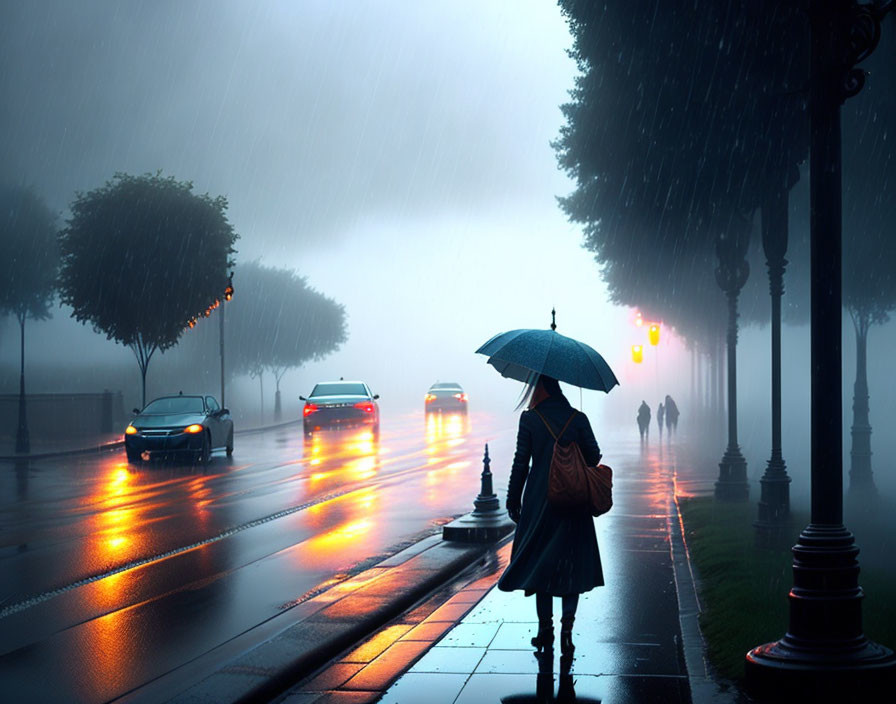 Street, passers-by, cars, rain. Fog.