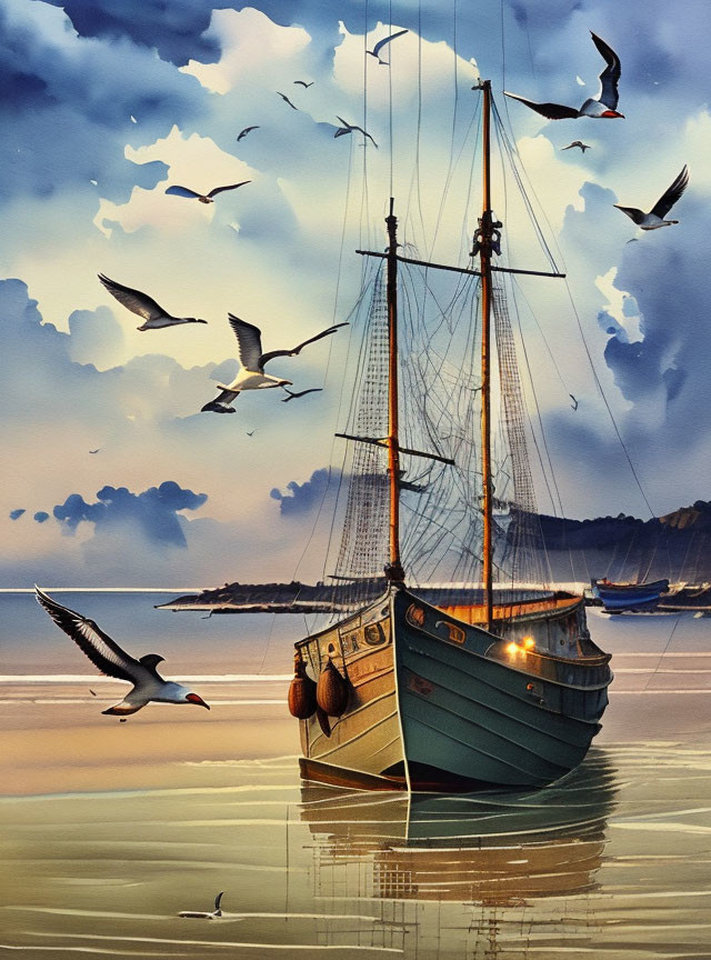 Fishing boat, anchored. Twilight. Seagulls in flig