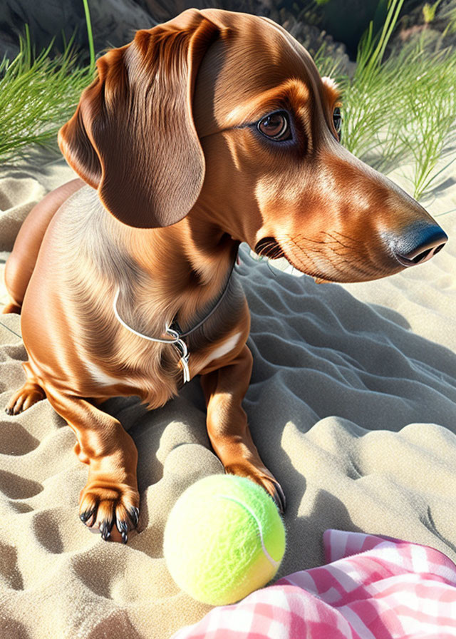 Dachshund with a tennis ball. Beach.
