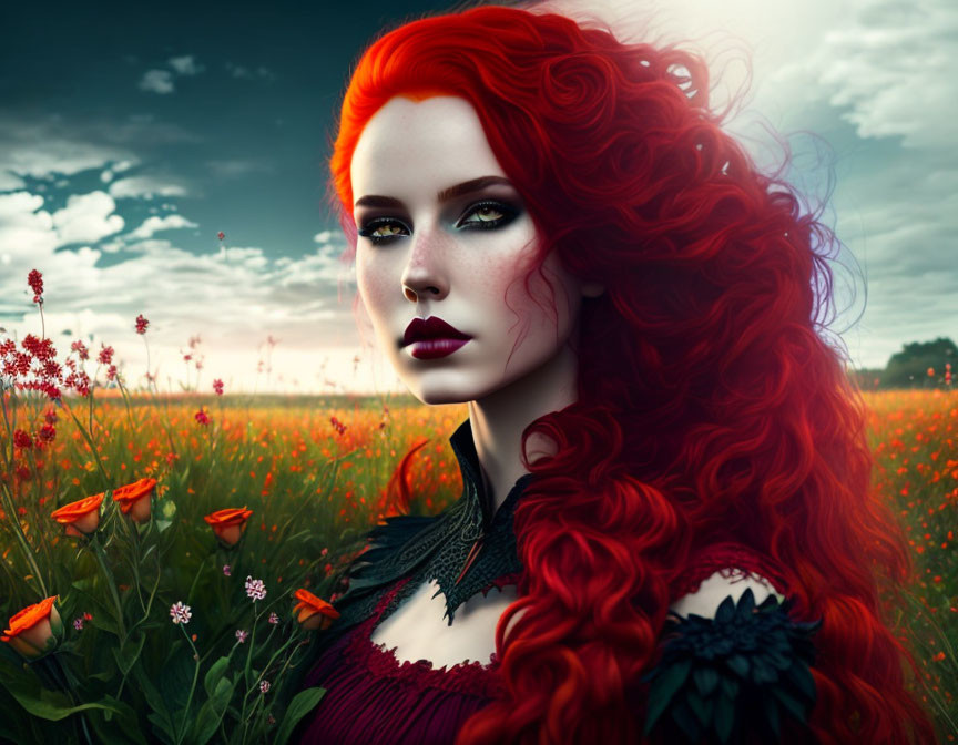 redhead goth in a field