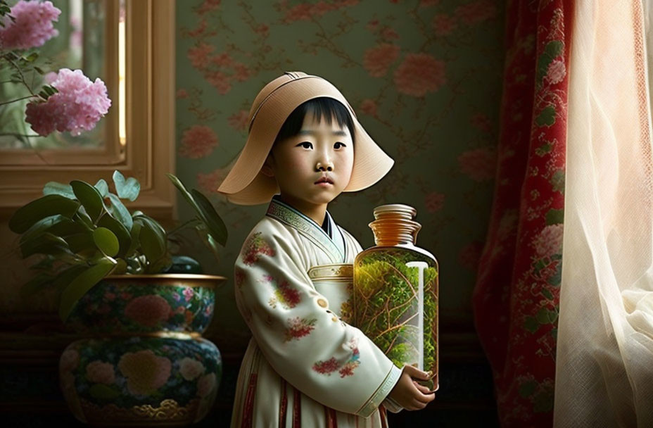 Beauty chinese kid with jar