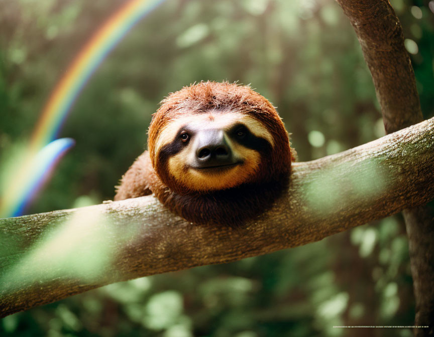 Sloth embraced by a rainbow